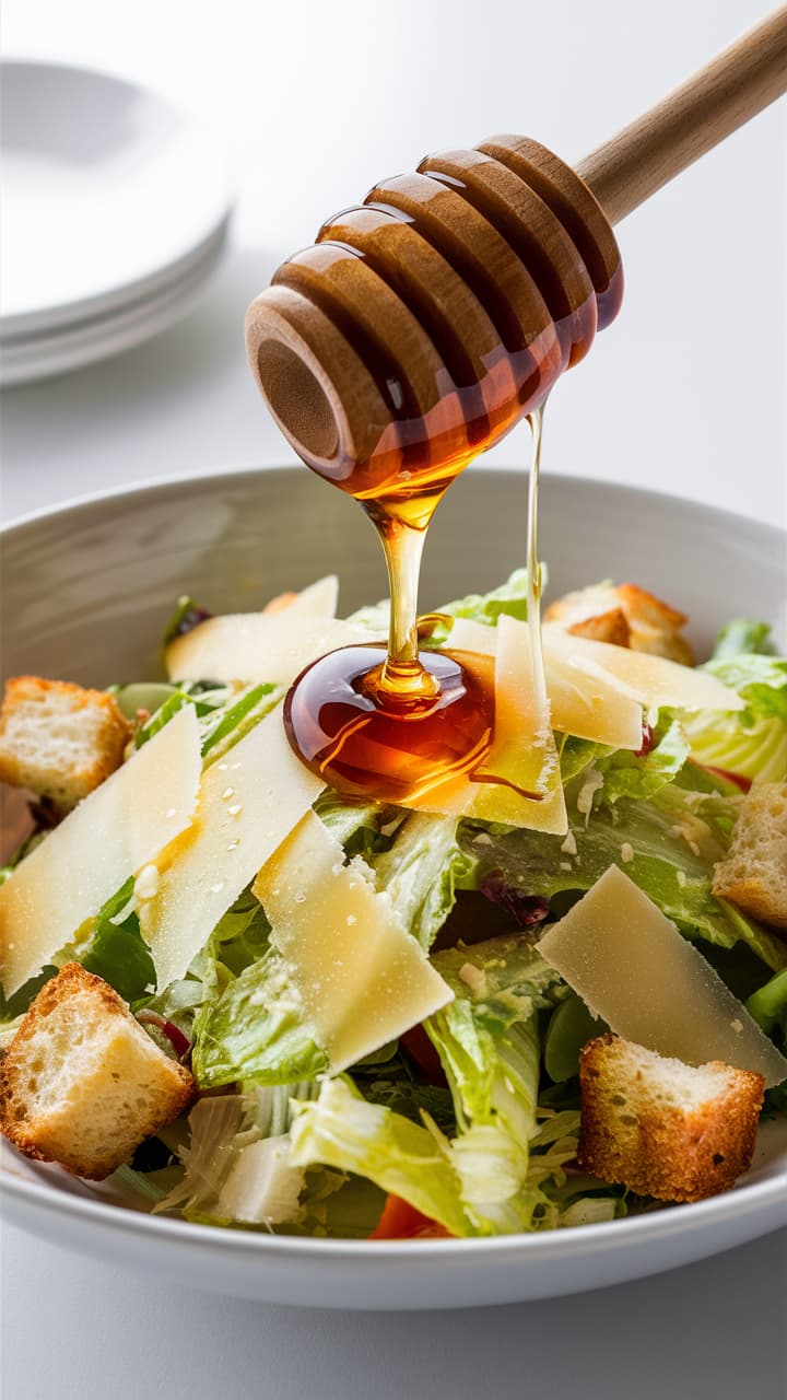 THC honey being drizzled over a Caesar salad