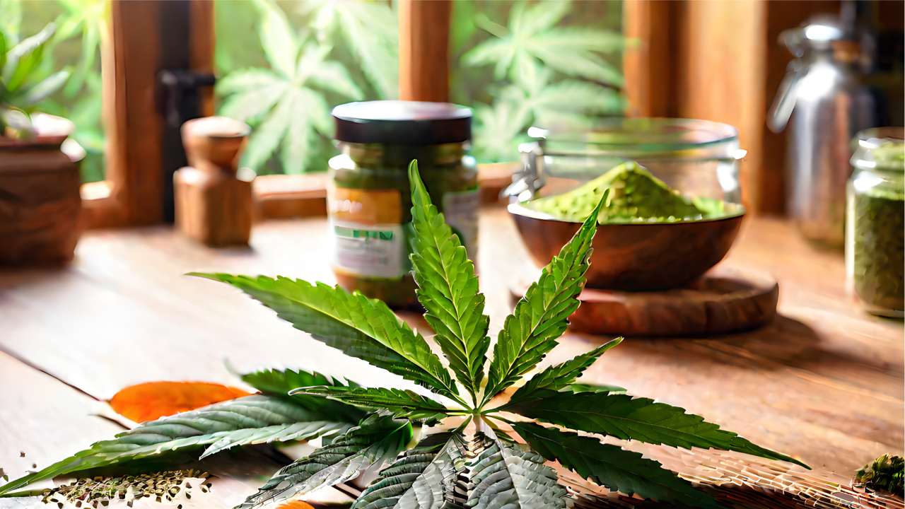 Cannabis leaves and kratom powder